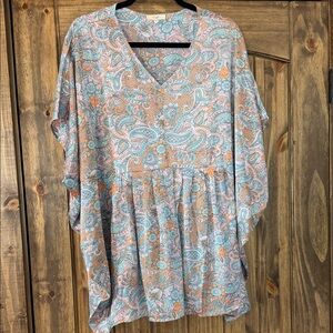 Easel Paisley V-Neck Tunic in Blue and Orange